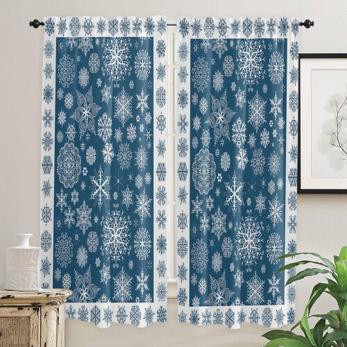 Blue Christmas Kitchen Curtains Snowflake Flower Design 2 1