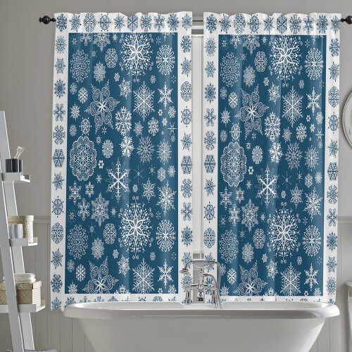 Blue Christmas Kitchen Curtains Snowflake Flower Design 2 2