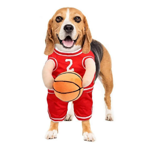 (Red, M) Costume da giocatore di basket per cani con palla per cani e gatti