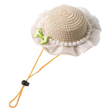 (M Bowknot) Pet Straw Hat – Scalloped Lace Ruffled – for Cats Small Dogs Summer Sun Protection