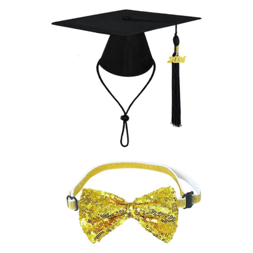 (E, One Size) Graduation Cap Bow Tie Necktie Tassels Set