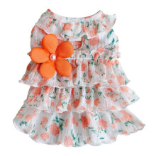 (Orange, XS) Spring Summer Dog Dress Breathable Floral Print Ruffled Sleeveless for Teddy & Bichon
