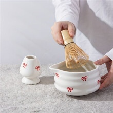 5 Pieces of White Decal Ceramic Matcha Set, Set Includes Matcha Bowl, Matcha Mixer and Holder, Bamboo Spoon, Sieve