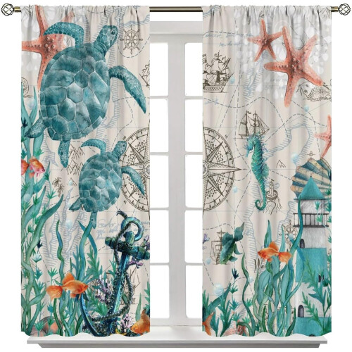 Seahorse Curtains Ocean Animal Pattern Blackout 2 Panels 2
