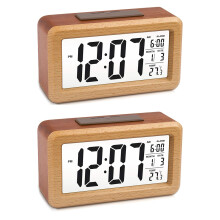 2X Wooden Large LED Digital Alarm Clock, Sensor Night Light with Snooze, Date, Temperature, 12/24Hr Switchable