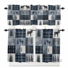 Bear Moose Kitchen Curtains Set Blue Retro Forest Animal
