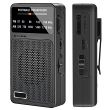 Bärbar AM/FM-Radio, Fickradio med Högtalare och Hörlursuttag, Minitransistorradio med Bakklämma för Äldre Svarta