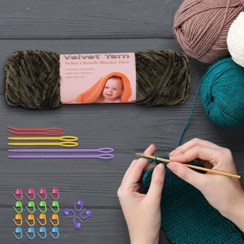 Crochet Set for Beginners Chenille Cotton Yarn Olive Green 2