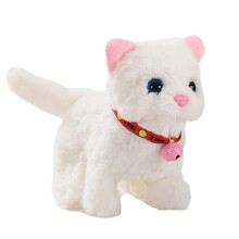 (White) Walking Meowing Interactive Plush Cat Toy Realistic Stuffed Animal Gift Boys Girls Yellow