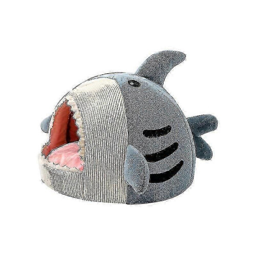 (Blue, L) Self-Warming Shark Shaped Cat Cave Bed Cozy Pet Den