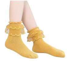Girls Cotton Socks with Ruffle Lace Trim Yellow Size 10-15