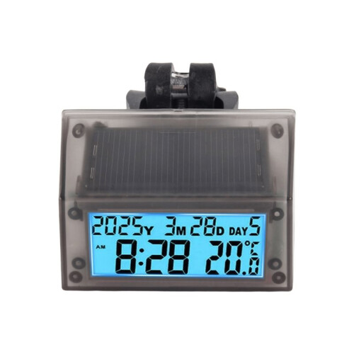 Motorcycle Ebike Solar Power Clock with Date Week Temperature LCD Backlit Display Waterproof Thermometer with Stand C