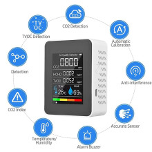 5X 5 in 1 Luchtkwaliteitsmonitor TVOC HCHO Temperatuur Vochtigheid CO2 Meter, USB Oplaadbare CO2 Detector Wit