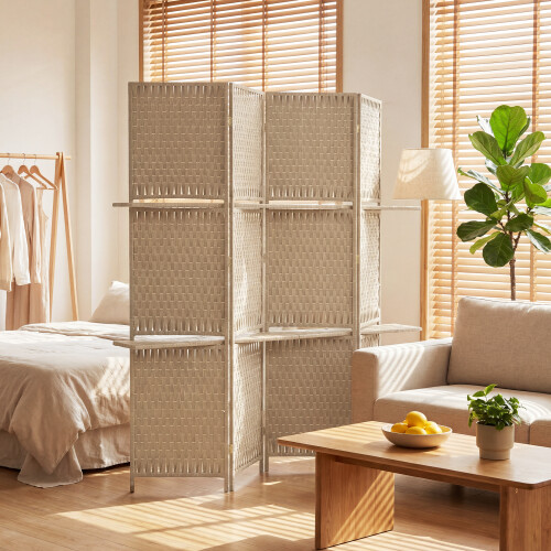 Homcom HOMCOM 4 Panel Folding Room Divider, Privacy Screen with Shelves, Natural 1