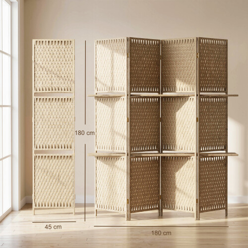 Homcom HOMCOM 4 Panel Folding Room Divider, Privacy Screen with Shelves, Natural 2