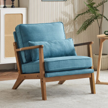 Chair Solid Oak Frame Linen Cotton Lounge Armchair with Lumbar Support 330LBS Capacity for Bedroom Reading Nook Navy Blue