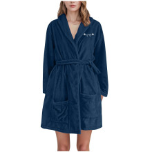 Women's Heart Chest Print Velvet Hooded Bathrobe Navy XL