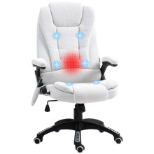 Massage Recliner Chair Heated Office Chair with Six Massage Points Linen-Feel Fabric 360 Swivel Wheels Cream White
