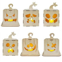 6 Pack Halloween Wooden Pumpkin Lantern DIY Kit LED Candle Holder Kids Painting Decor Party Table Ornament
