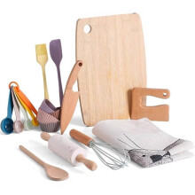 Conjunto de Brinquedos de Cozinha de Madeira com 14 Peças para Crianças - Ferramentas de Cozinha e Confeitaria Realistas e Seguras, Brinquedos