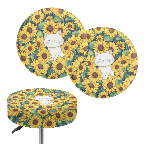 Sunflower Cat Bar Stool Cover Set of 2 Polyester Elastic