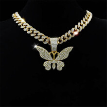 Butterfly Pendant Necklace Crystal Cuban Chain 15mm