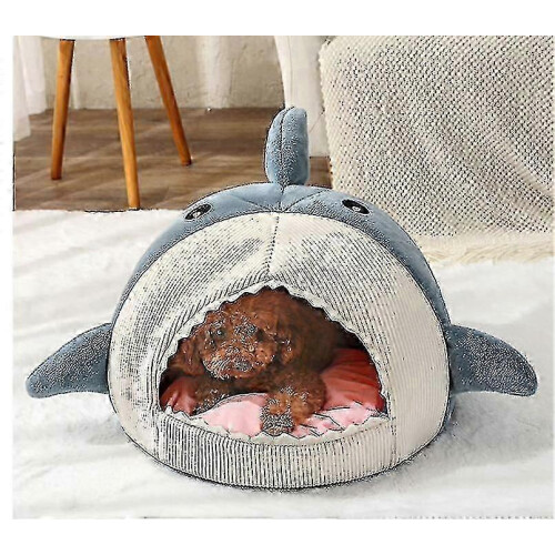 (Blue, M) Self-Warming Shark Shaped Cat Cave Bed Cozy Pet Den 1