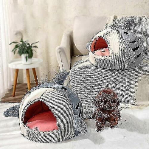 (Blue, M) Self-Warming Shark Shaped Cat Cave Bed Cozy Pet Den 2