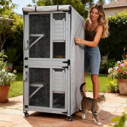 (Black) Abri extérieur robuste pour chatons avec fermeture éclair latérale pour terrasse ou balcon 2