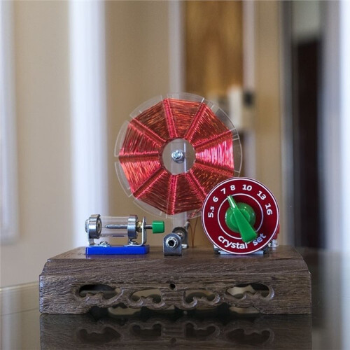 Rádio de Cristal com Bobina de Flor de Cesta Dupla e Base de Madeira 2