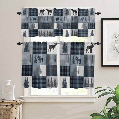 Bear Moose Kitchen Curtains Set Blue Retro Forest Animal 1
