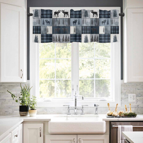 Bear Moose Kitchen Curtains Set Blue Retro Forest Animal 2