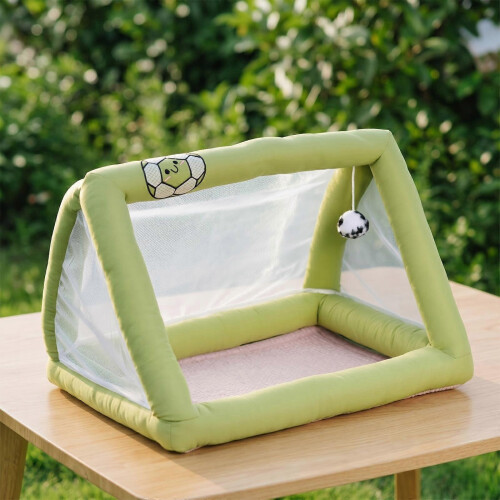 (Light Green) Foldable Mesh Panel Cat Tent Bed with Hanging Toy Portable Cat House 2