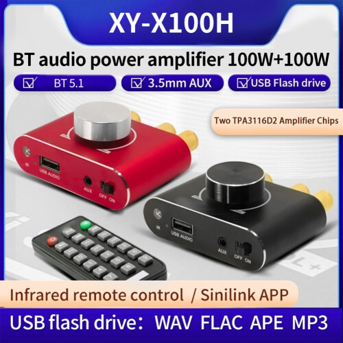 X100H 100W Stereo Amplifier Board 12V/24V Audio Power Amplifier Module ,5.1 Channel,AUX,U-Disk Inputs Red 2