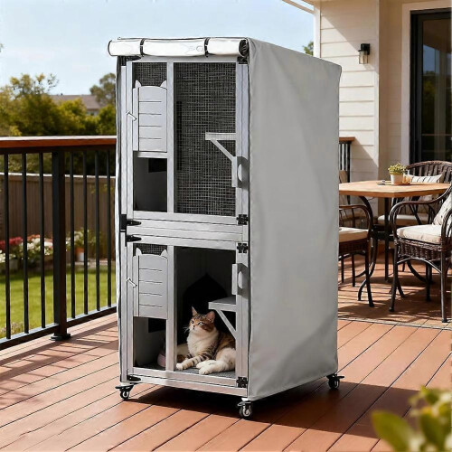 (Gray) Abri extérieur robuste pour chatons avec fermeture éclair latérale pour terrasse ou balcon 2