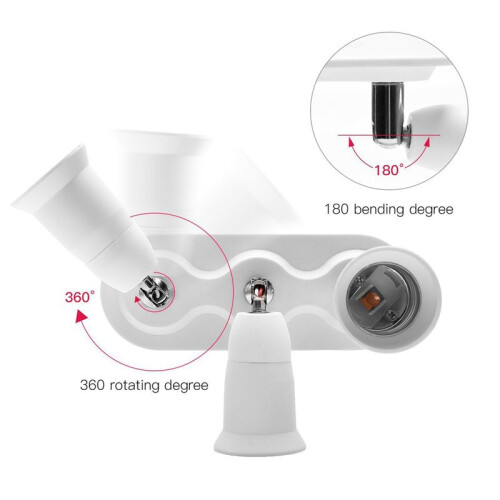 2X 3 in 1 E27 Adapter Converter Horizontal Designed 360 Degrees Adjustable 180 Degree Bendable Light Socket Splitter 2