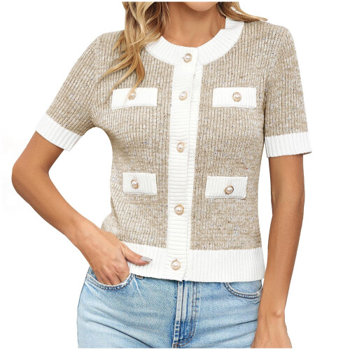 Women's Short Sleeve Button-Down Cardigan Sweater, Cropped