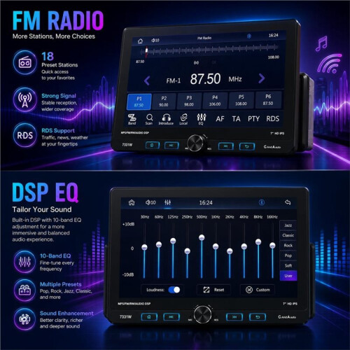 Estéreo de Carro Single Din 7 Polegadas, Player MP5 com CarPlay e Android Auto Sem Fio, Rádio Rotativo, Câmera de Ré , FM, USB 1