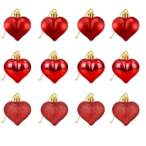 Valentine Heart Ornaments Red Glitter 12 Pcs