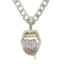 Hip Hop Cuban Chain Necklace with Pink Tongue Pendant 13mm