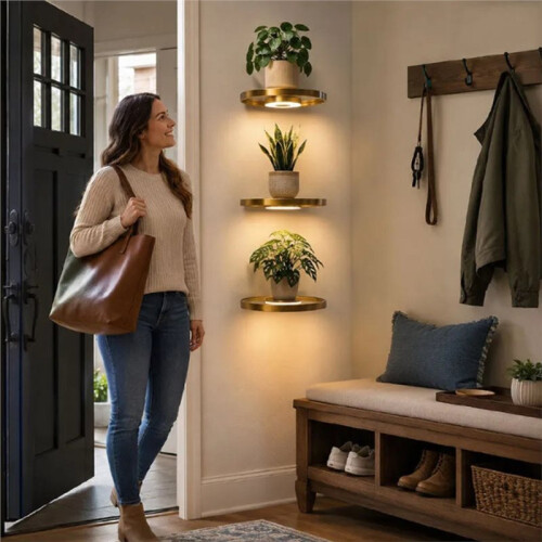 Wall Mount Floating Display Rack with LED Lighting - Rechargeable Support Decor Shelf for Small Decorations and Greenery 1