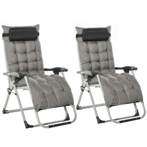 2 Piece Reclining Zero Gravity Sun Loungers with Cushions, Dark Grey