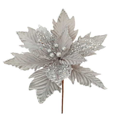 Artificial Glitter Poinsettia Flower Silver