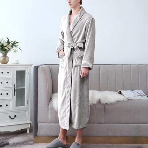 Women's Terry Cloth Flannel Bathrobe Grey Double Pockets 2