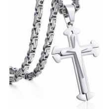 Men's Cross Pendant Necklace Stainless Steel Byzantine