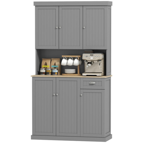 180cm Freestanding Kitchen Cabinet, Modern Storage Cupboard with Open Countertop, Drawer and 6 Doors, Grey 1