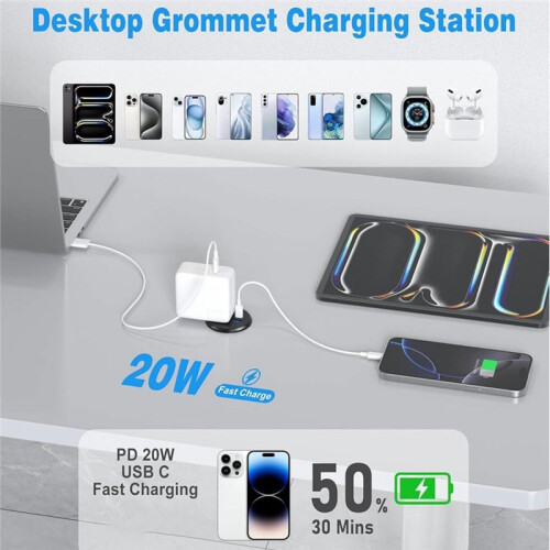 Grommet de Energia Recessado de 2 Polegadas para Mesa, Carregamento USB-C de 20W, Tomada de Energia Embutida para Mesa de Sala de Conferência com 2