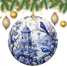 Blue and White Ceramic Christmas Ornament Birds Flowers