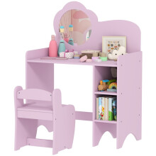 Kids Dressing Table with Mirror, Stool, Kids Vanity Table with Shelves, for Ages 3-8 Years, Purple