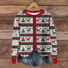 Women's Printed Knit Cardigan Sweater - Long Sleeve Round